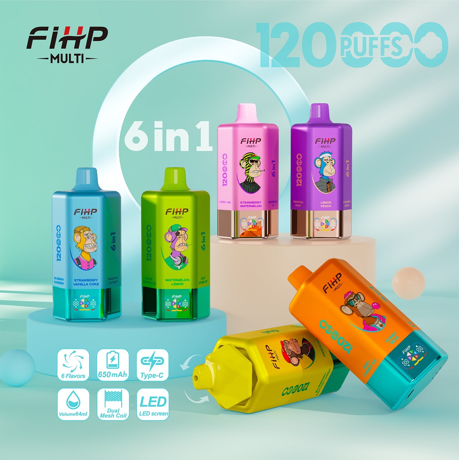 FIHP 120k Puffs 6in1 Többízű Vape (120,000 slukk)